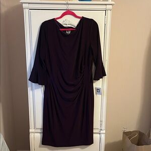 Anne Klein Plum Ruched Midi Dress with Flounce Sleeves